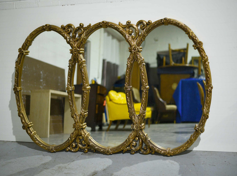 Mid-Century Triple Oval Interlocking Acanthus Decorated Gold Wall Mantle Mirror 43inches