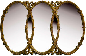 Mid-Century Triple Oval Interlocking Acanthus Decorated Gold Wall Mantle Mirror 43inches