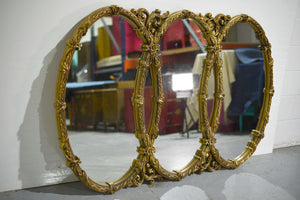 Mid-Century Triple Oval Interlocking Acanthus Decorated Gold Wall Mantle Mirror 43inches