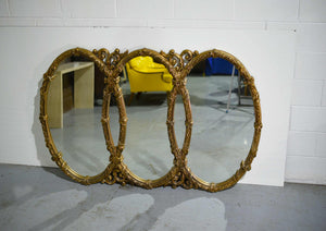 Mid-Century Triple Oval Interlocking Acanthus Decorated Gold Wall Mantle Mirror 43inches