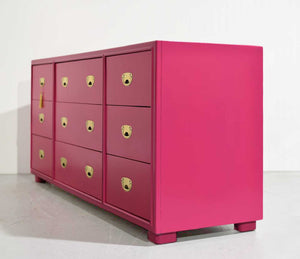 Mid Century Campaign Lowboy Dresser Passage Collection by Drexel in Pink - Newly Painted