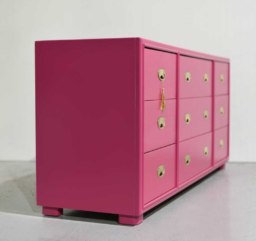 Mid Century Campaign Lowboy Dresser Passage Collection by Drexel in Pink - Newly Painted