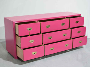 Mid Century Campaign Lowboy Dresser Passage Collection by Drexel in Pink - Newly Painted