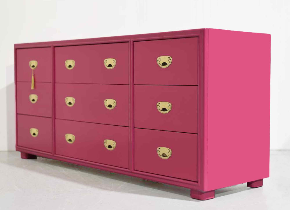 Mid Century Campaign Lowboy Dresser Passage Collection by Drexel in Pink - Newly Painted