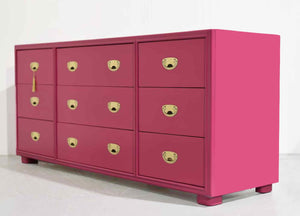 Mid Century Campaign Lowboy Dresser Passage Collection by Drexel in Pink - Newly Painted