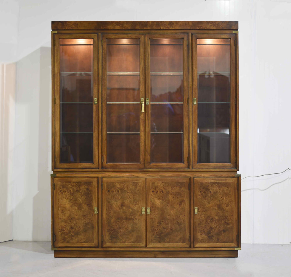 Mid Century Campaign Style Burl Front Lighted Display Curio China Cabinet by Hickory Manufacturing
