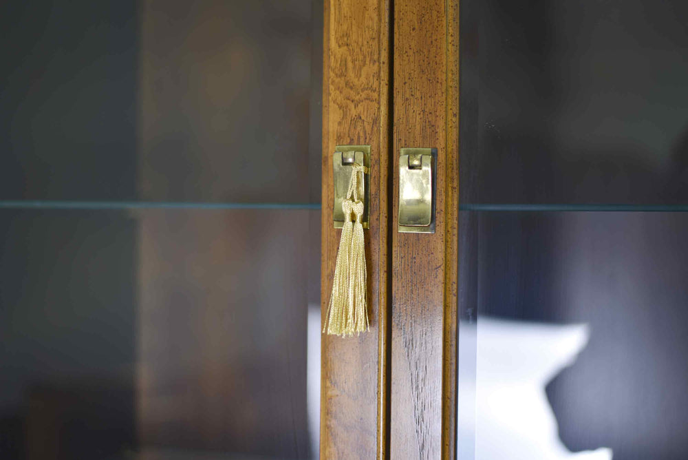 Mid Century Campaign Style Burl Front Lighted Display Curio China Cabinet by Hickory Manufacturing