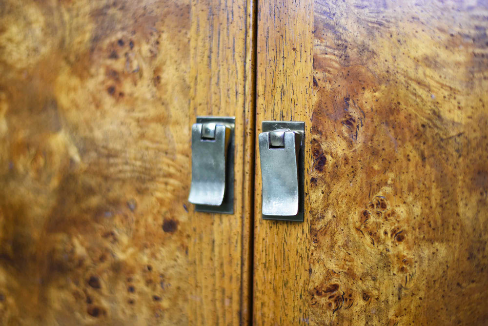 Mid Century Campaign Style Burl Front Lighted Display Curio China Cabinet by Hickory Manufacturing