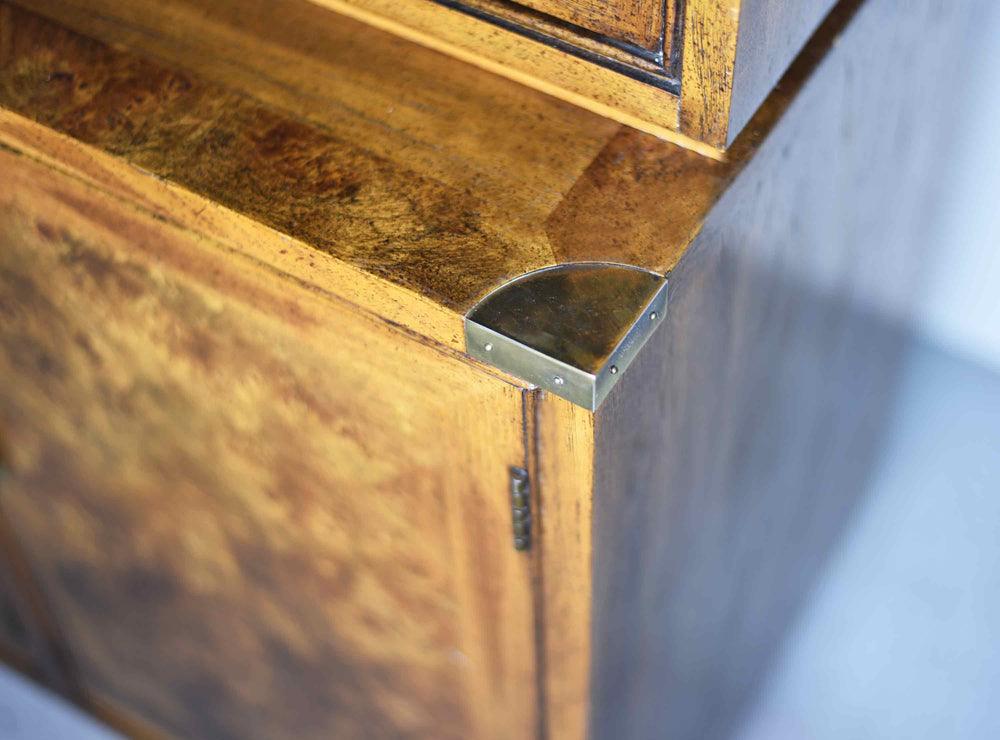 Mid Century Campaign Style Burl Front Lighted Display Curio China Cabinet by Hickory Manufacturing