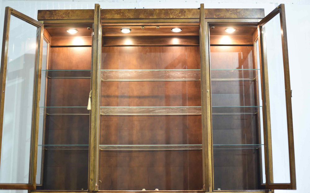 Mid Century Campaign Style Burl Front Lighted Display Curio China Cabinet by Hickory Manufacturing