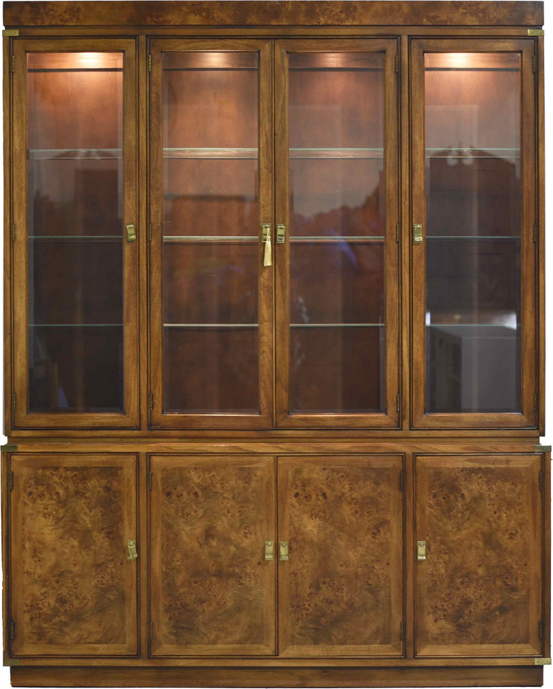Mid Century Campaign Style Burl Front Lighted Display Curio China Cabinet by Hickory Manufacturing