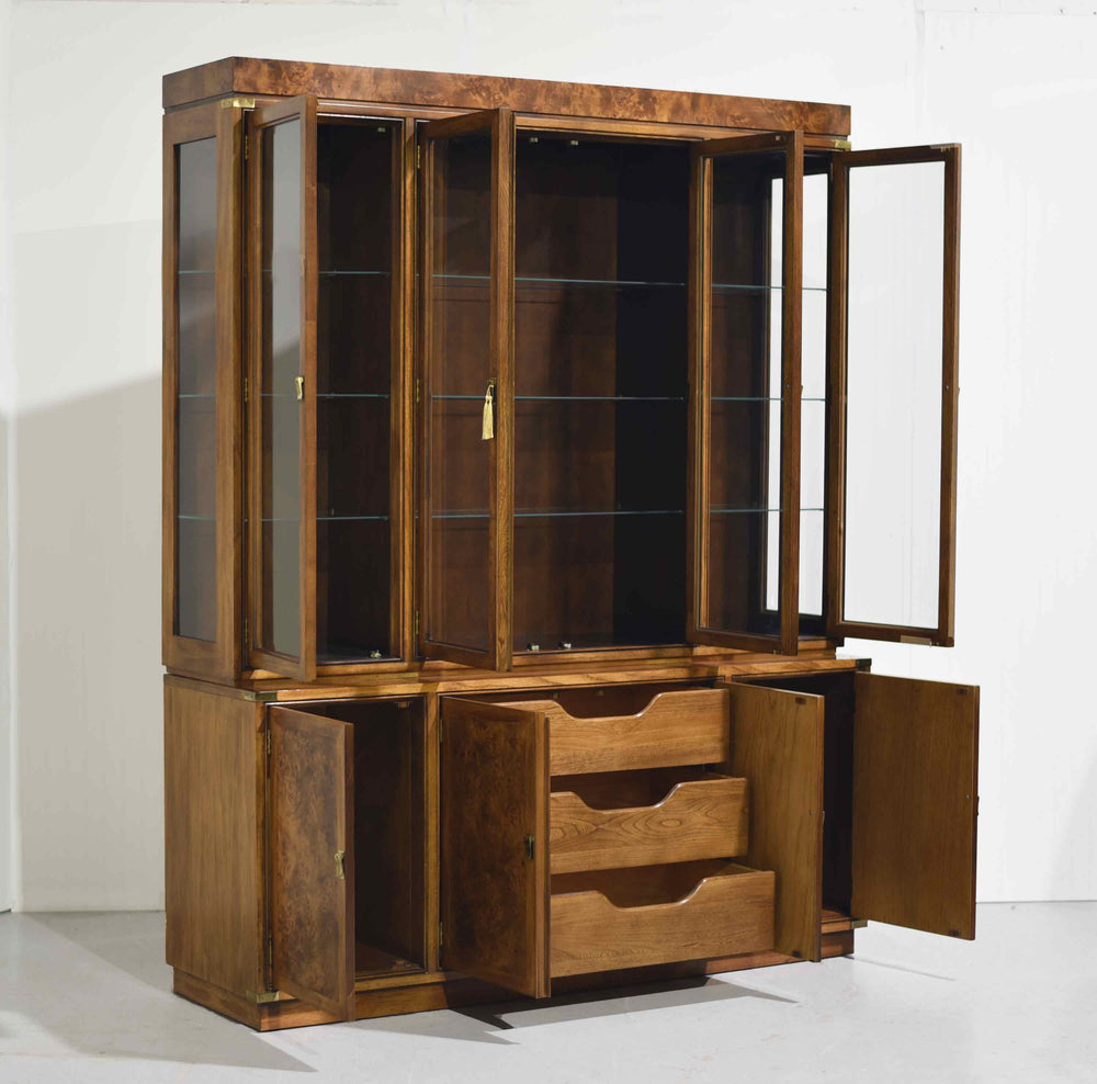 Mid Century Campaign Style Burl Front Lighted Display Curio China Cabinet by Hickory Manufacturing