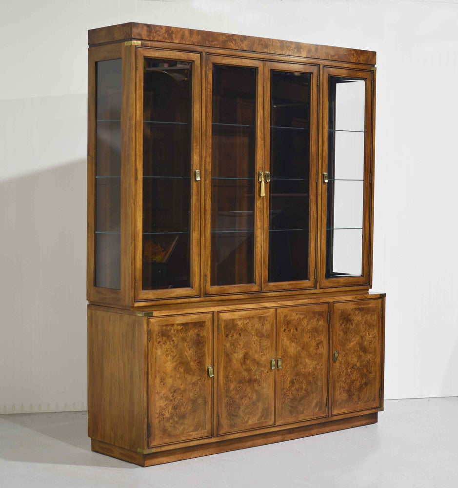 Mid Century Campaign Style Burl Front Lighted Display Curio China Cabinet by Hickory Manufacturing
