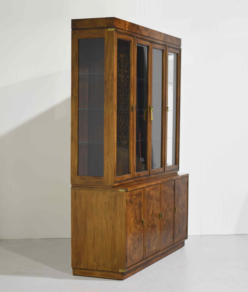 Mid Century Campaign Style Burl Front Lighted Display Curio China Cabinet by Hickory Manufacturing
