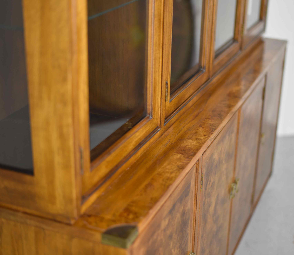 Mid Century Campaign Style Burl Front Lighted Display Curio China Cabinet by Hickory Manufacturing