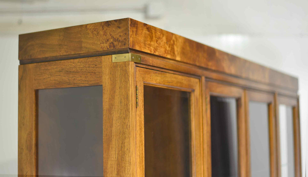 Mid Century Campaign Style Burl Front Lighted Display Curio China Cabinet by Hickory Manufacturing