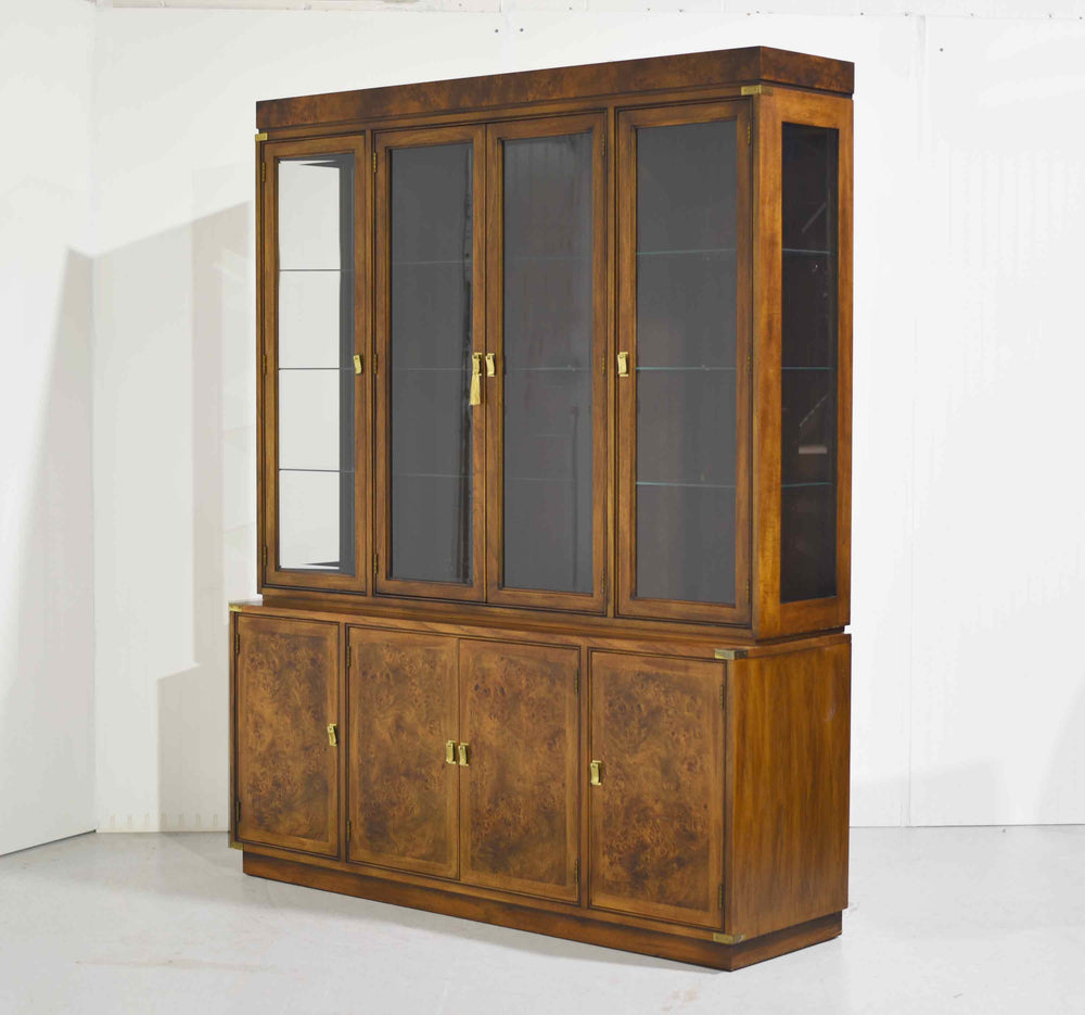 Mid Century Campaign Style Burl Front Lighted Display Curio China Cabinet by Hickory Manufacturing
