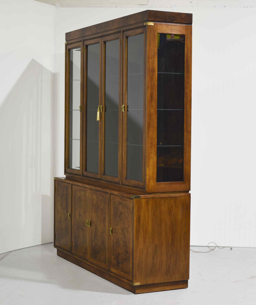 Mid Century Campaign Style Burl Front Lighted Display Curio China Cabinet by Hickory Manufacturing