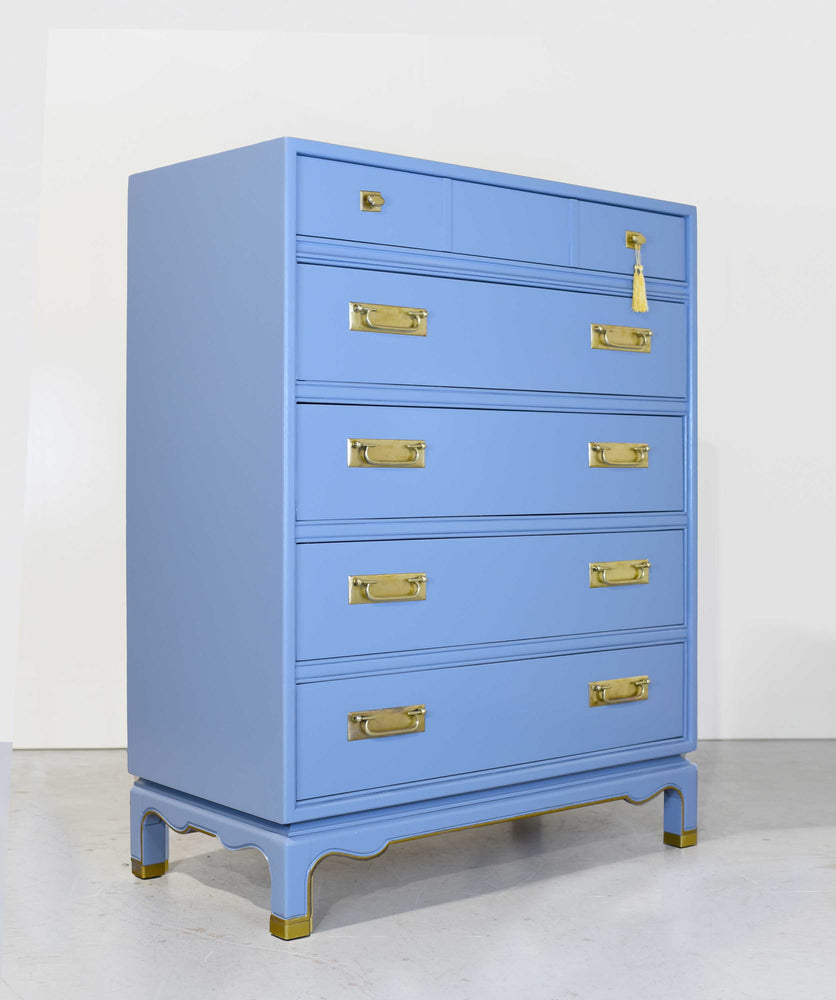 Mid Century Campaign Style Highboy Dresser in Blue - Newly Painted