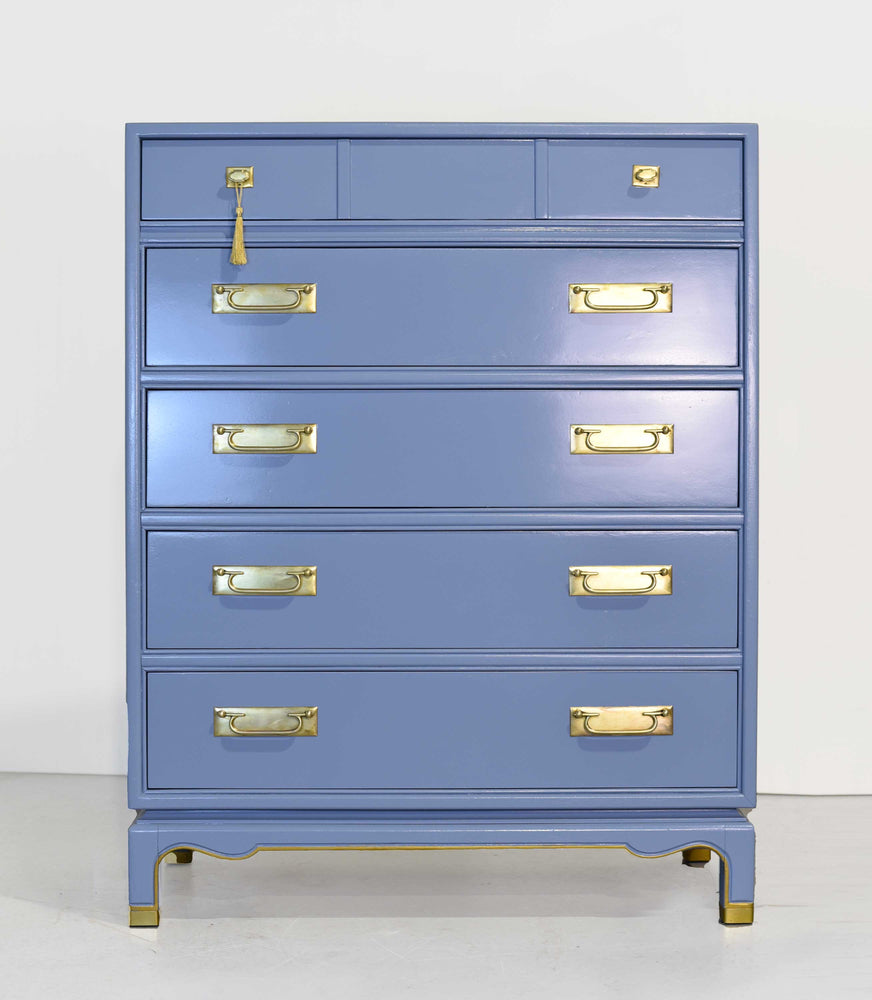 Mid Century Campaign Style Highboy Dresser in Blue - Newly Painted