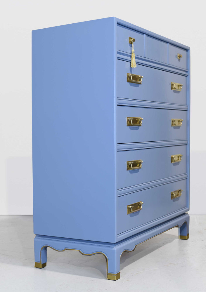 Mid Century Campaign Style Highboy Dresser in Blue - Newly Painted