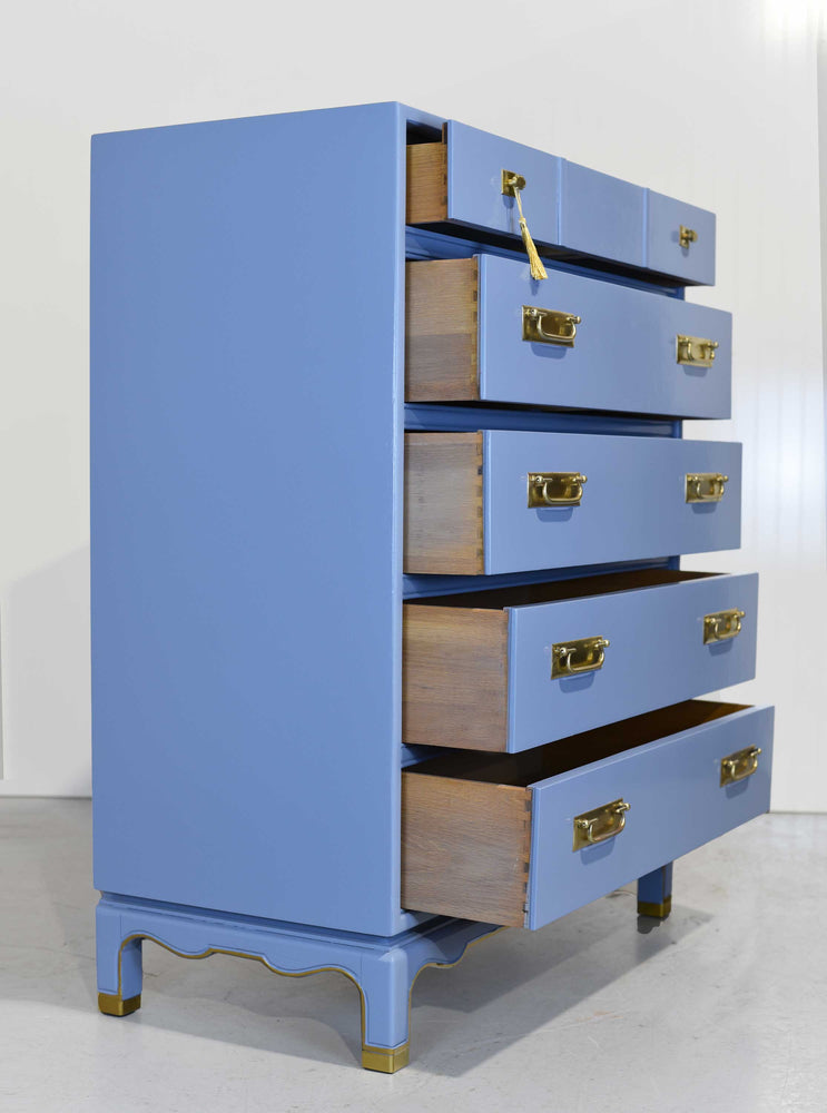 Mid Century Campaign Style Highboy Dresser in Blue - Newly Painted