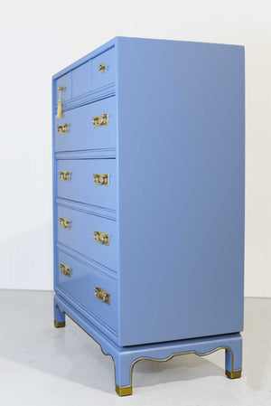 Mid Century Campaign Style Highboy Dresser in Blue - Newly Painted