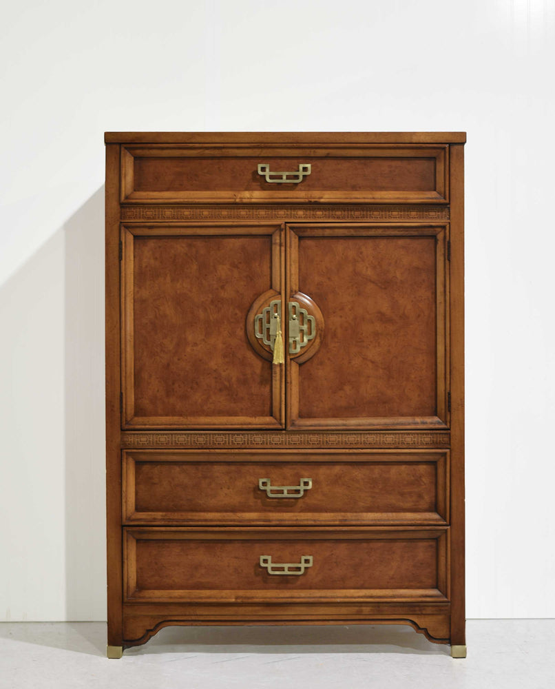 Mid Century Chinoiserie Burlwood Highboy Mandarin Collection by Henry Link