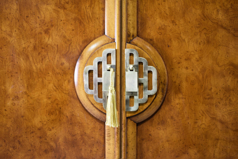 Mid Century Chinoiserie Burlwood Highboy Mandarin Collection by Henry Link