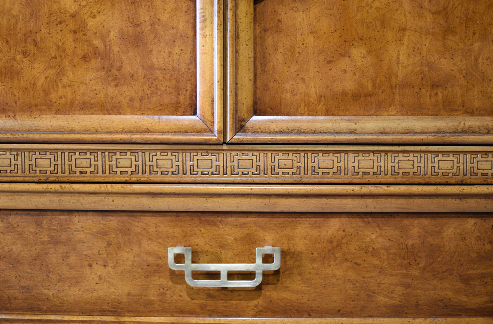 Mid Century Chinoiserie Burlwood Highboy Mandarin Collection by Henry Link