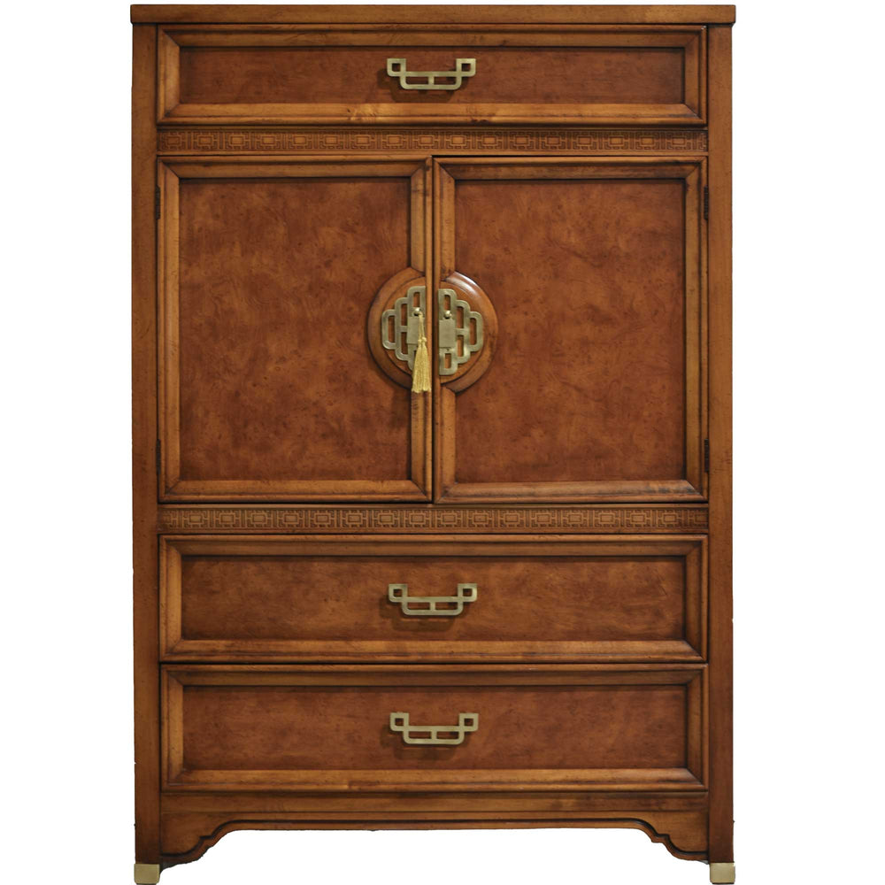 Mid Century Chinoiserie Burlwood Highboy Mandarin Collection by Henry Link