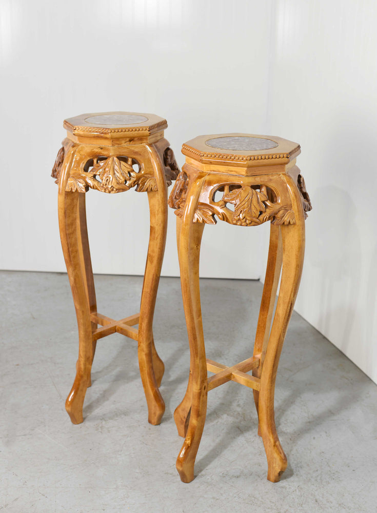 Mid Century Chinoiserie Carved Wood Marble Top Plant Stand Pedestal Table -  A Pair