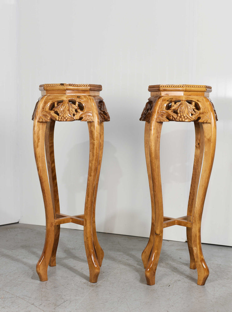Mid Century Chinoiserie Carved Wood Marble Top Plant Stand Pedestal Table -  A Pair