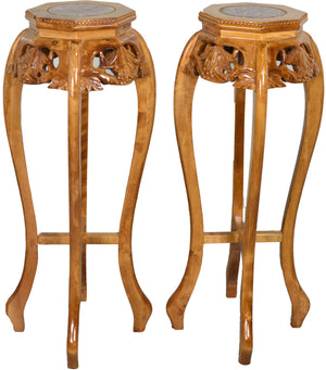 Mid Century Chinoiserie Carved Wood Marble Top Plant Stand Pedestal Table -  A Pair