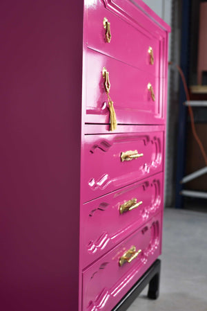 Mid Century Chinoiserie Style Highboy Dresser in Pink - Newly Painted