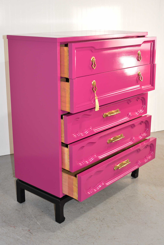 Mid Century Chinoiserie Style Highboy Dresser in Pink - Newly Painted