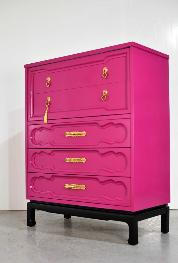 Mid Century Chinoiserie Style Highboy Dresser in Pink - Newly Painted