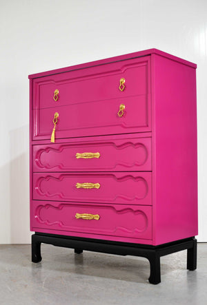 Mid Century Chinoiserie Style Highboy Dresser in Pink - Newly Painted