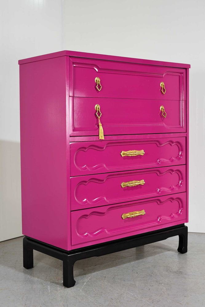 Mid Century Chinoiserie Style Highboy Dresser in Pink - Newly Painted