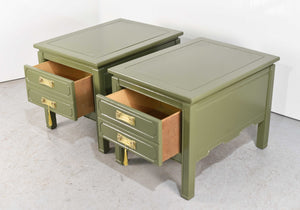 Mid Century Chinoiserie Style Pair of Nightstands in Green - Newly Painted