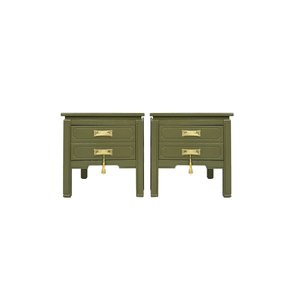 Mid Century Chinoiserie Style Pair of Nightstands in Green - Newly Painted