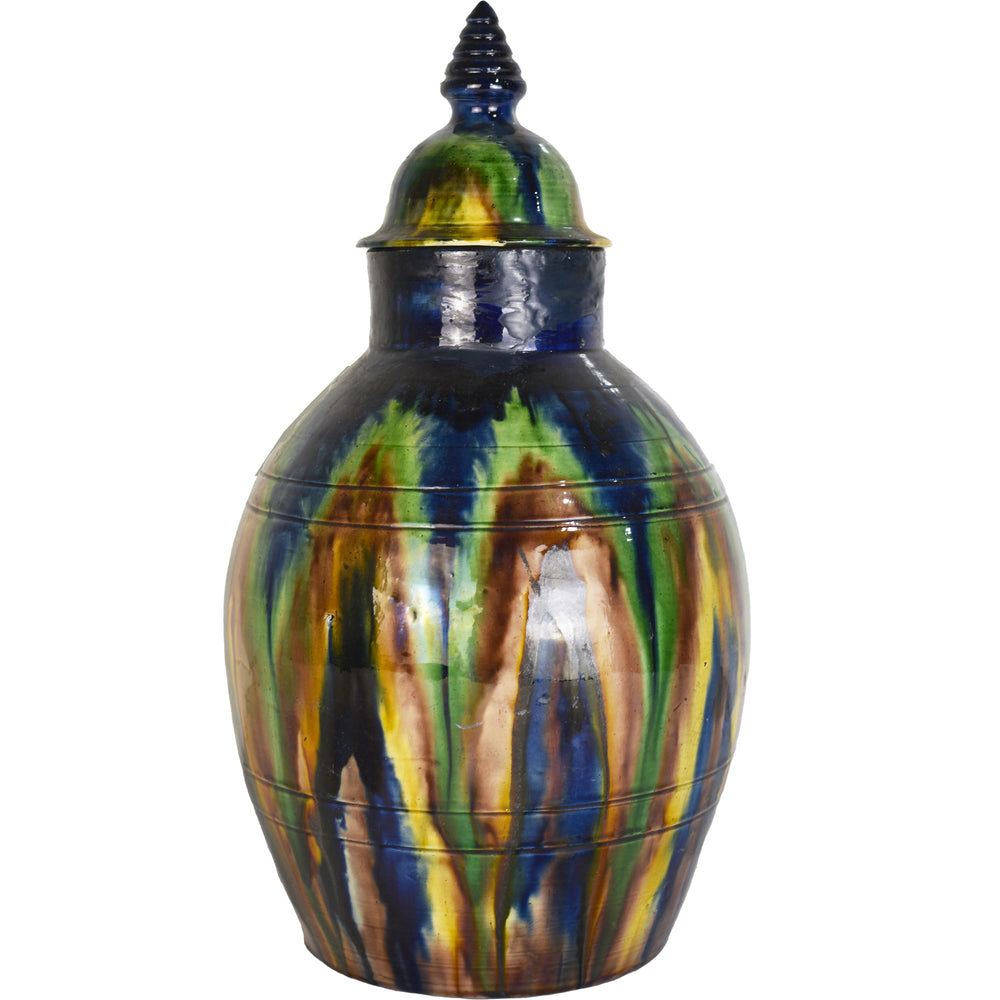 Mid Century Faiencerie de Thulin Belgium Drip Glaze Lidded Vase