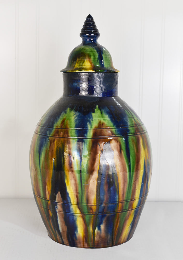 Mid Century Faiencerie de Thulin Belgium Drip Glaze Lidded Vase