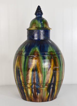 Mid Century Faiencerie de Thulin Belgium Drip Glaze Lidded Vase