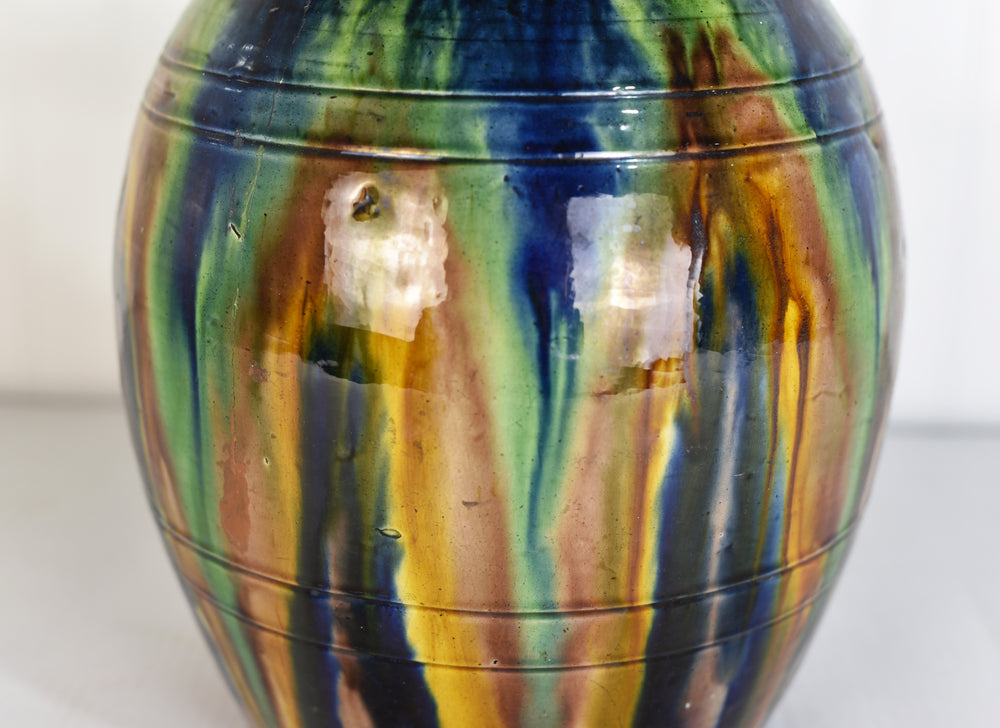 Mid Century Faiencerie de Thulin Belgium Drip Glaze Lidded Vase