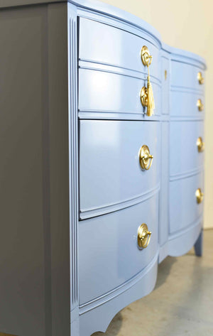 Mid Century Federal Style Bow Front Mahogany Dresser in Blue  by Dixie Furniture - Newly Painted