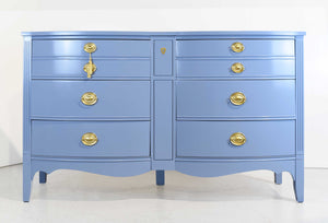 Mid Century Federal Style Bow Front Mahogany Dresser in Blue  by Dixie Furniture - Newly Painted