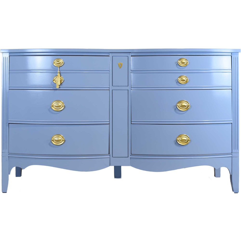 Mid Century Federal Style Bow Front Mahogany Dresser in Blue by Dixie Furniture - Newly Painted