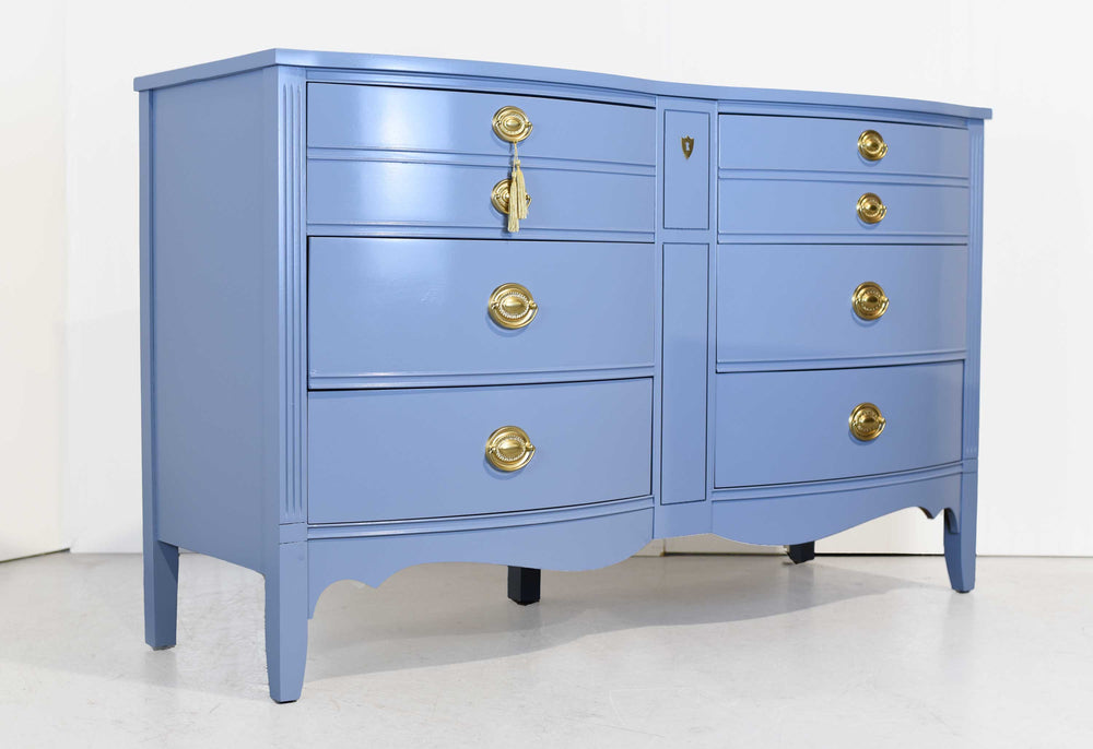 Mid Century Federal Style Bow Front Mahogany Dresser in Blue  by Dixie Furniture - Newly Painted