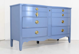 Mid Century Federal Style Bow Front Mahogany Dresser in Blue by Dixie Furniture - Newly Painted